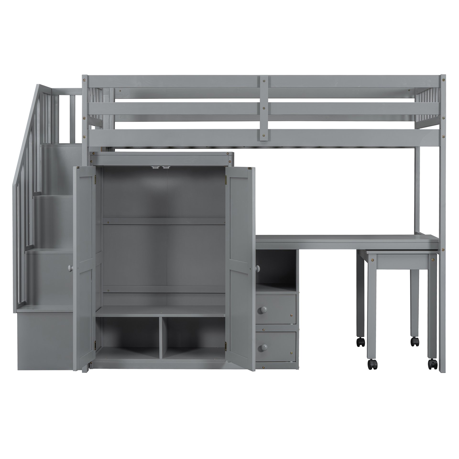 Twin Size Loft Bed With Stairs, Bookshelf, Drawers, Desk & Wardrobe, Space Saving Multifunctional Furniture - Gray - Image 15