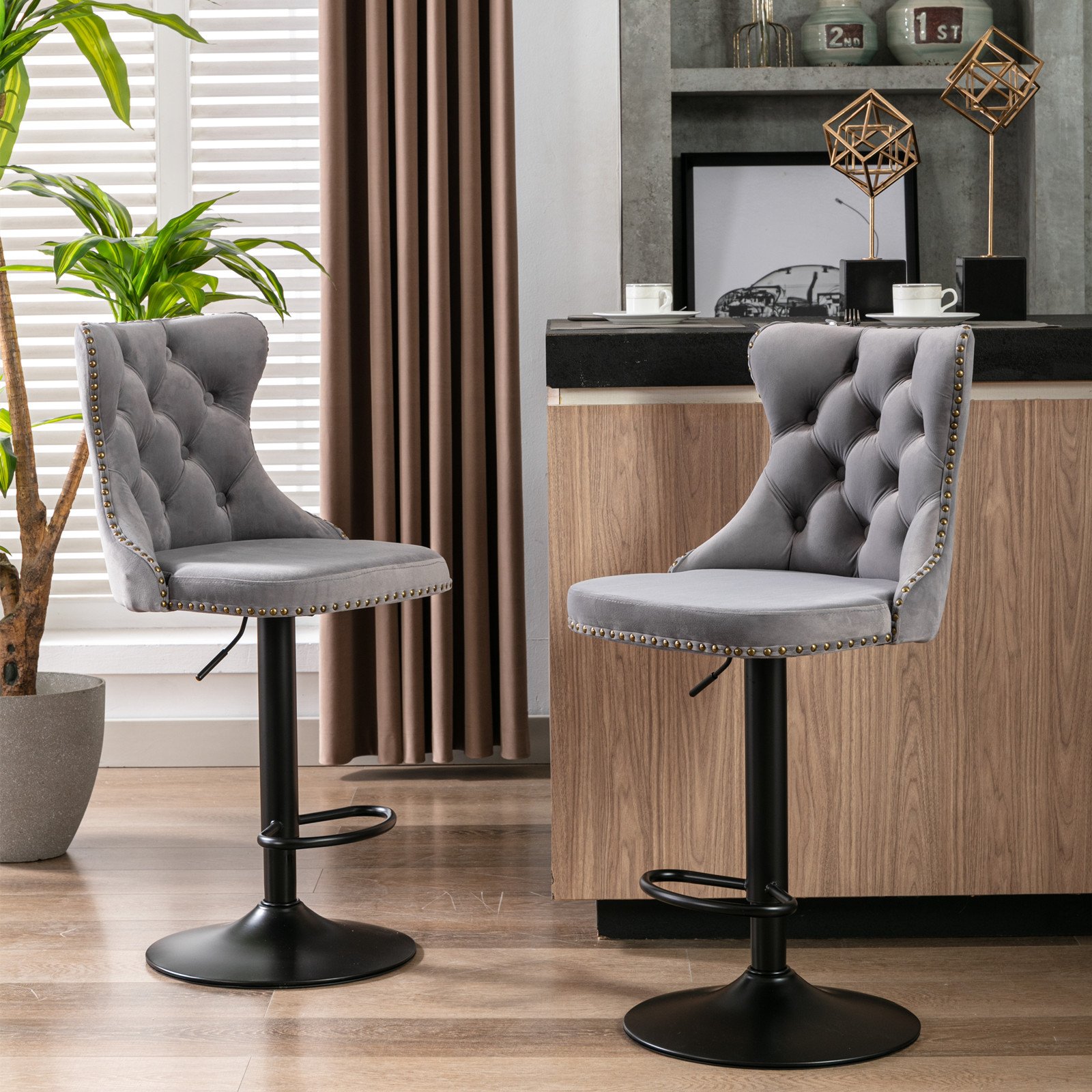 Swivel Velvet Barstools Adjusatble Seat Height, Modern Upholstered Bar Stools With Backs Comfortable Tufted For Home Pub And Kitchen Island (Set of 2) - Gray - Image 14
