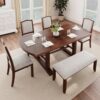 6 Piece Extendable Dining Table Set, Wood Table With Removable Leaf, 4 Upholstered Chairs And Bench - Cherry - Image 2
