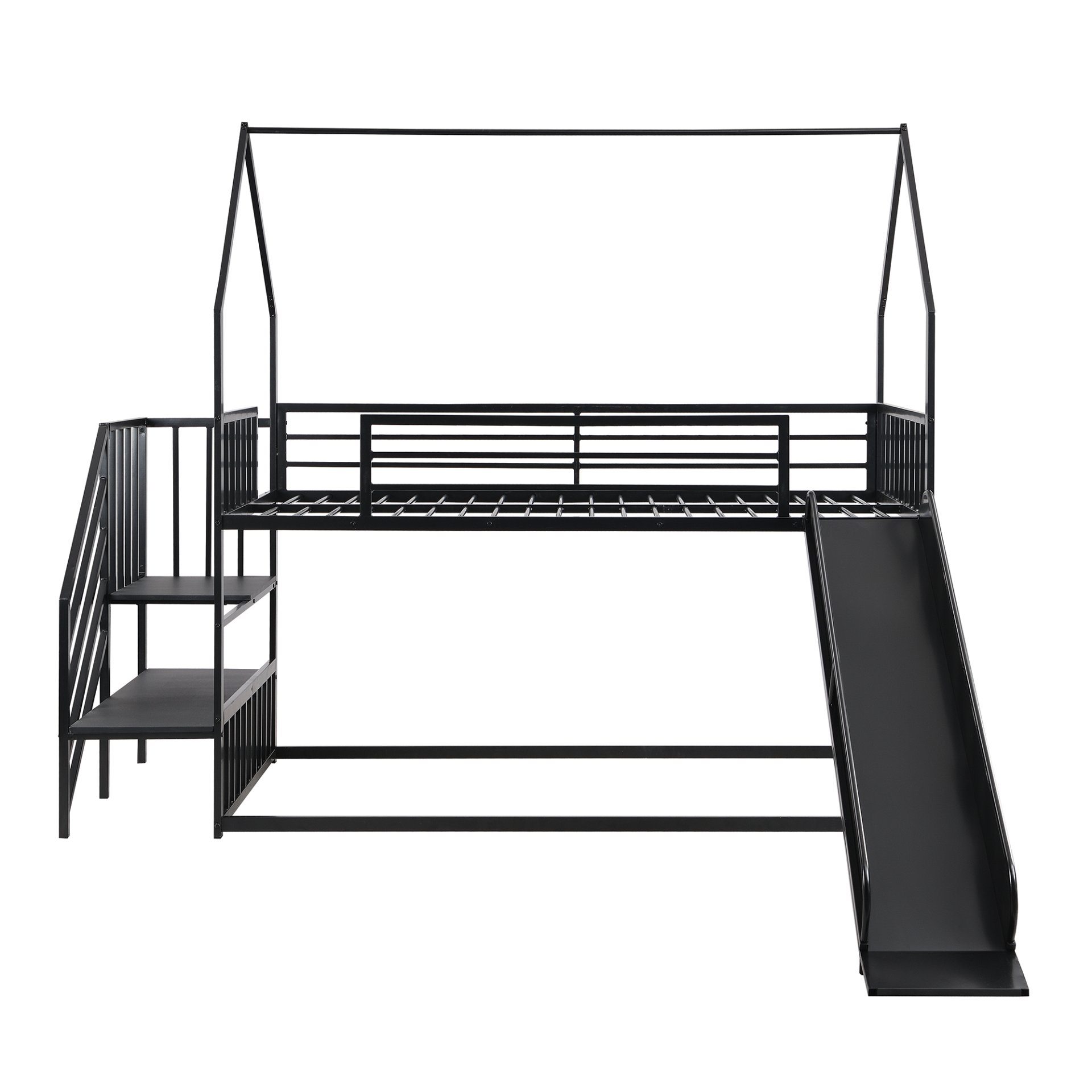 Twin Size Metal Bunk Bed House Bed With Slide And Staircase - Black - Image 8