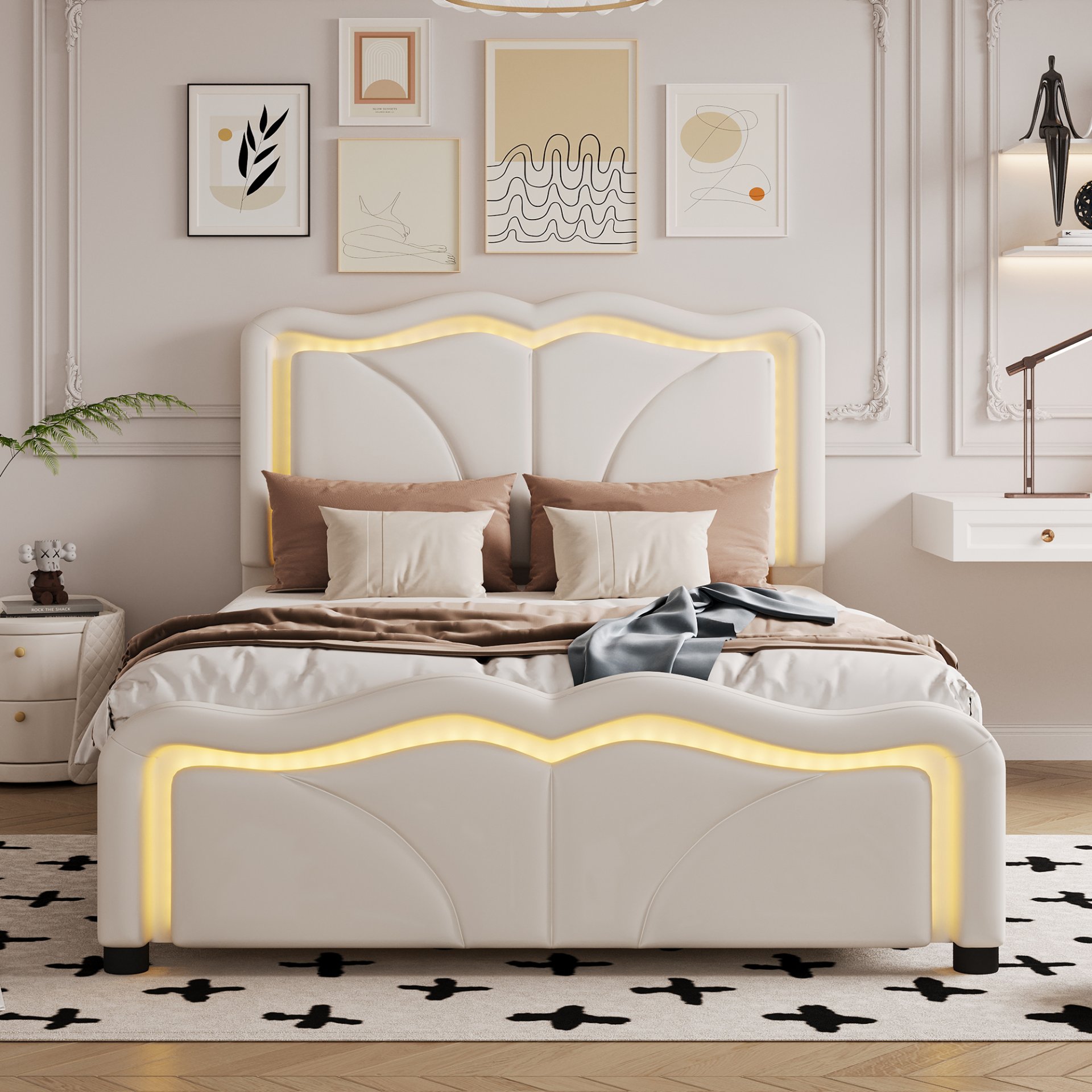Twin Size Upholstered Platform Bed With Curved Adjustable Headboard And LED Lights - White - Image 2