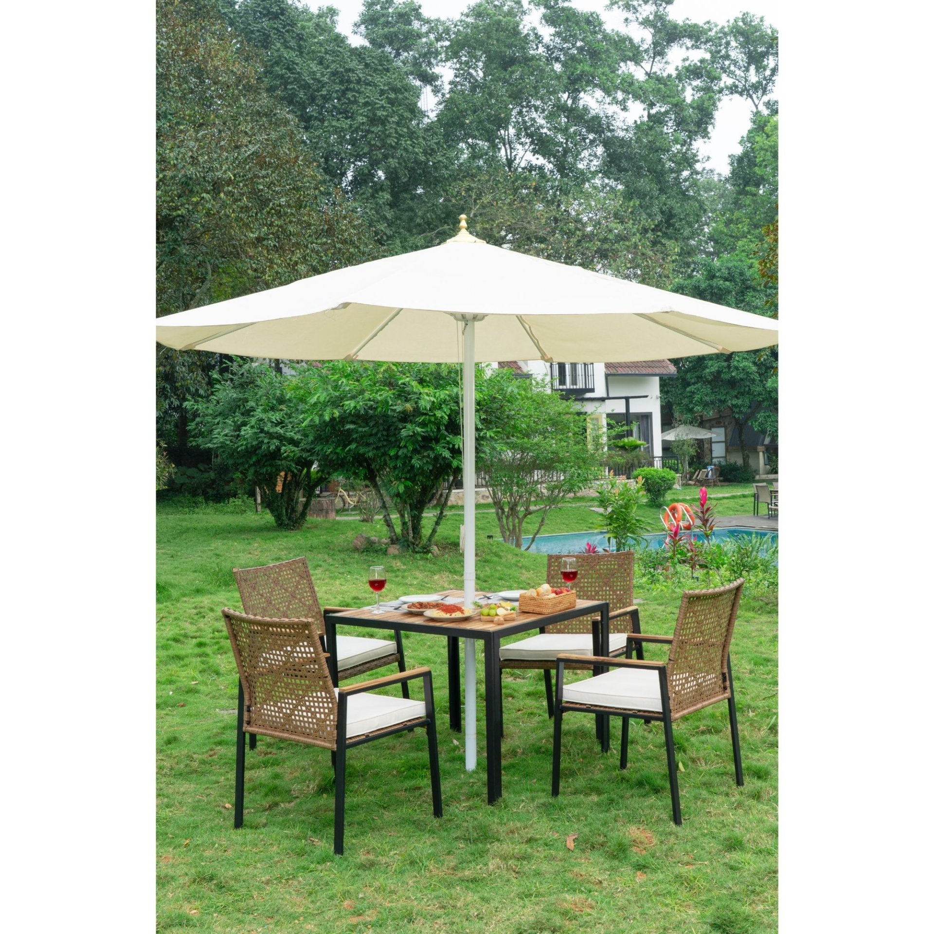 All Weather Patio Dining Table Set With Top And Umbrella Hole - Rattan Outdoor Furniture - Yellow - Image 9