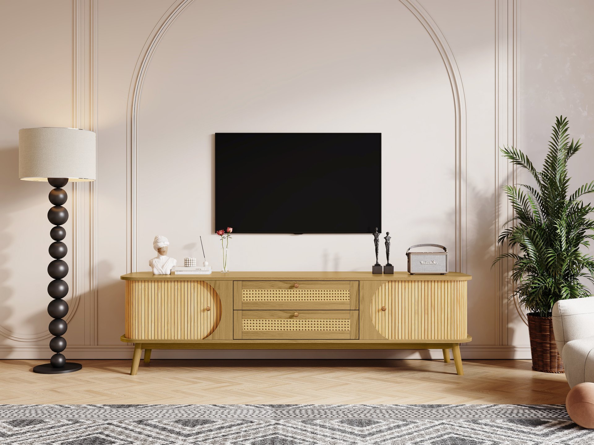 Rattan TV Stand For Tvs Up To 75'', Modern Farmhouse Media Console, Entertainment Center With Legs, TV Cabinet For Living Room, Home Theatre - Natural Wood - Image 24