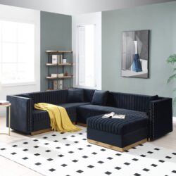 Contemporary Vertical Channel Tufted Velvet Sectional Sofa For Living Room Apartment With Ottoman And 4 Pillows - Black