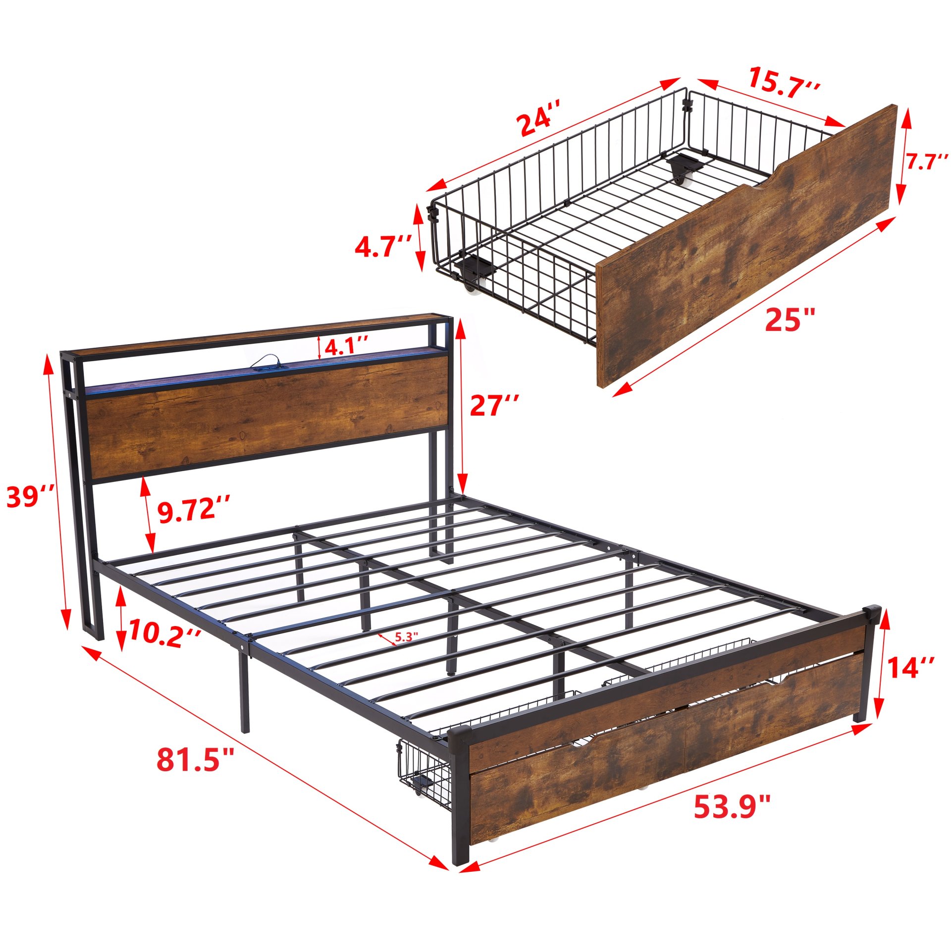Modern Full Size Metal Platform Bed Frame With Wooden Headboard And Footboard, USB Charging Station, LED Lights, 2 Drawers, Easy Assemble - Brown / Black - Image 3