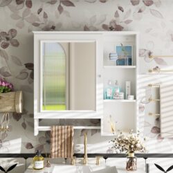 Wall Mounted Bathroom Storage Cabinet, Medicine Cabinets With Large Mirror Door, Adjustable Shelves And Three Open Storage Levels(Not Include Bathroom Vanity) - White