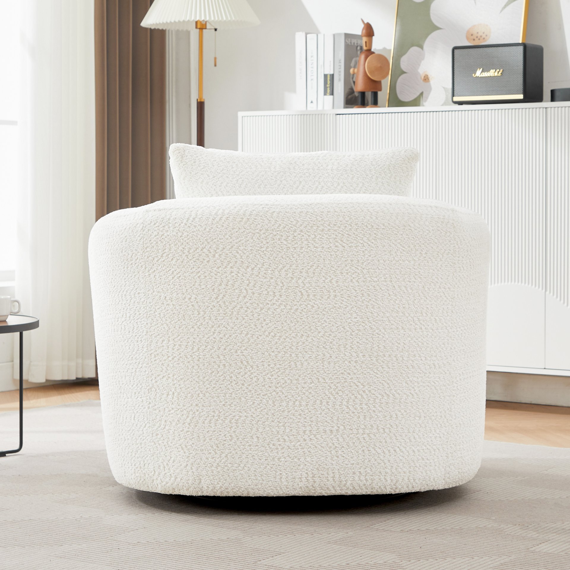 360° Swivel Barrel Sofa Chair With Throw Pillow, Chenille Upholstered Accent Chair - Beige - Image 11