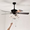 52" Crystal Shade Ceiling Fan Lamp, 3 Speed, 4 Timing, 5 Reversible Blades Crystal Ceiling Fan, 5 Pieces X E12 (No Include Bulb), Hand Pull Chain - Matte Black - Image 13