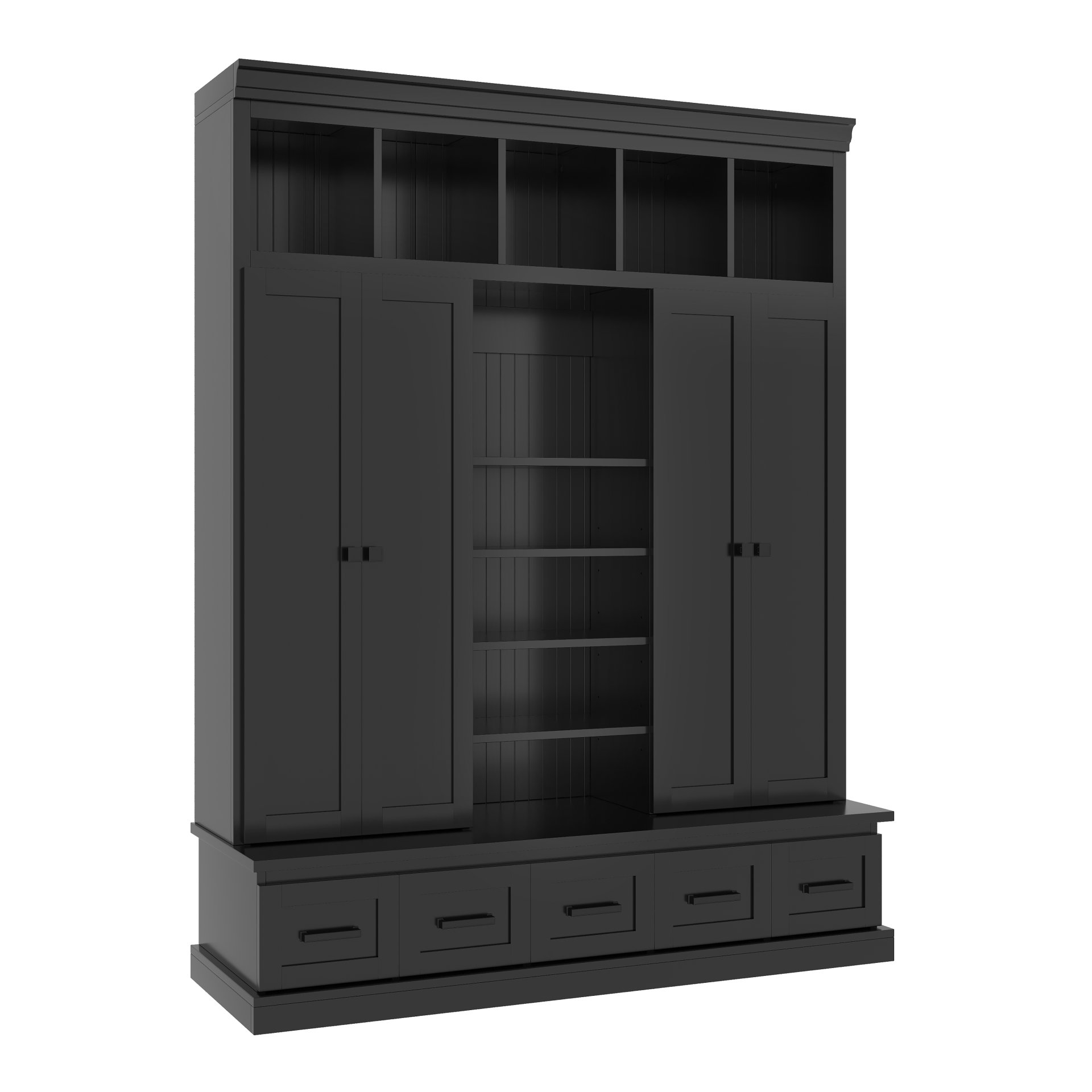 Hall Tree With Bench And 5 Storage Cubbies, Modern Entryway Storage Organizer Cabinet With 4 Doors, 5 Drawers And Adjustable Shelves For Hallway, Entryway, Living Room - Black - Image 4