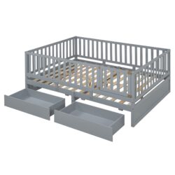 Full Size Daybed With Fence Guardrails And 2 Drawers - Gray
