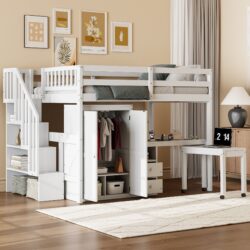 Full Size Loft Bed With Stairs, Bookshelf, Drawers, Desk & Wardrobe, Space Saving Multifunctional Furniture - White