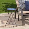 Outdoor Folding Accent Table With Glass Top And Iron Frame - White / Blue - Image 9