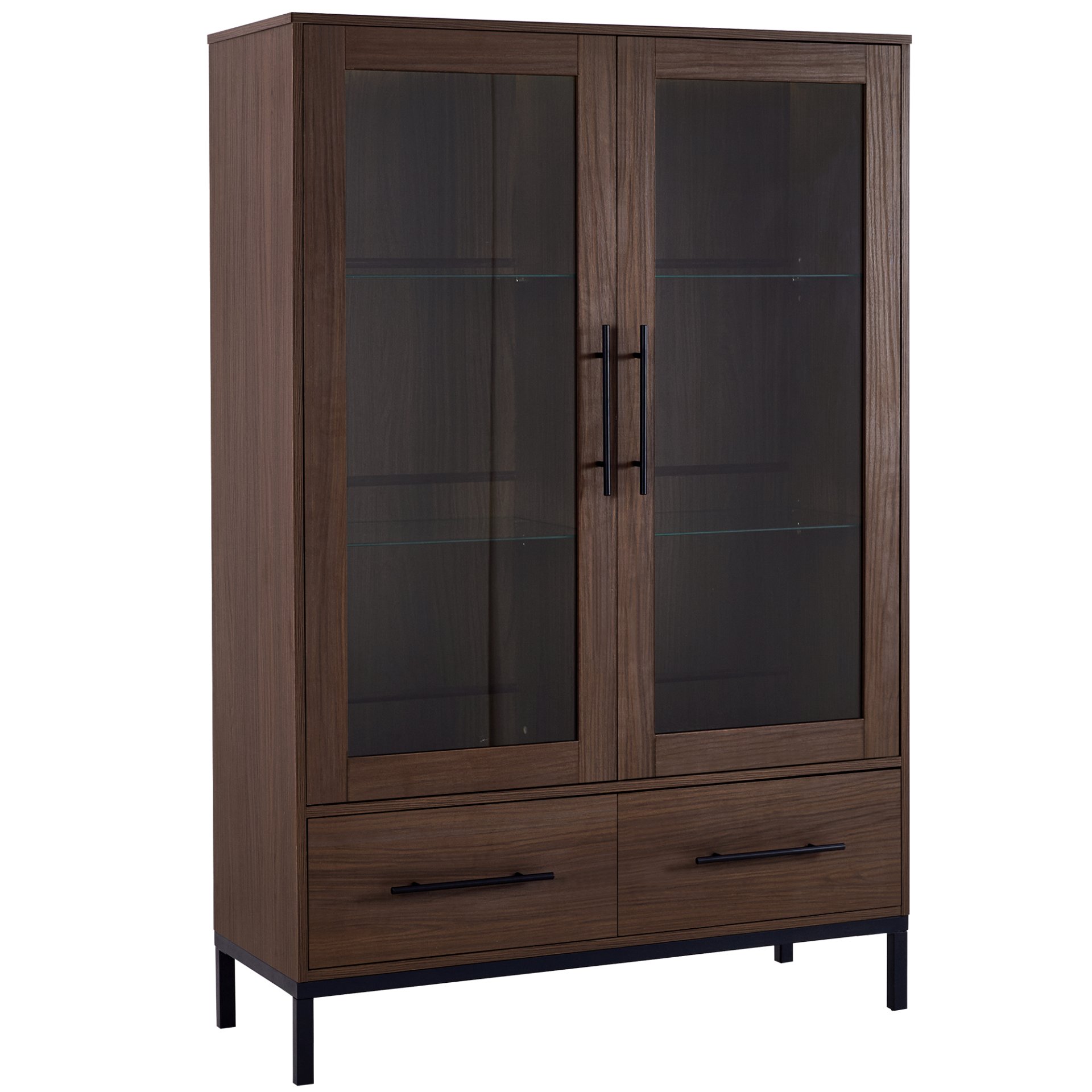 Modern Style Tall Display Cabinet With LED Lighting, Tempered Glass Door, 2 Drawers - Black / Dark Walnut - Image 8