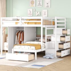 Full Over Twin Bunk Bed With Wardrobe, Drawers - White