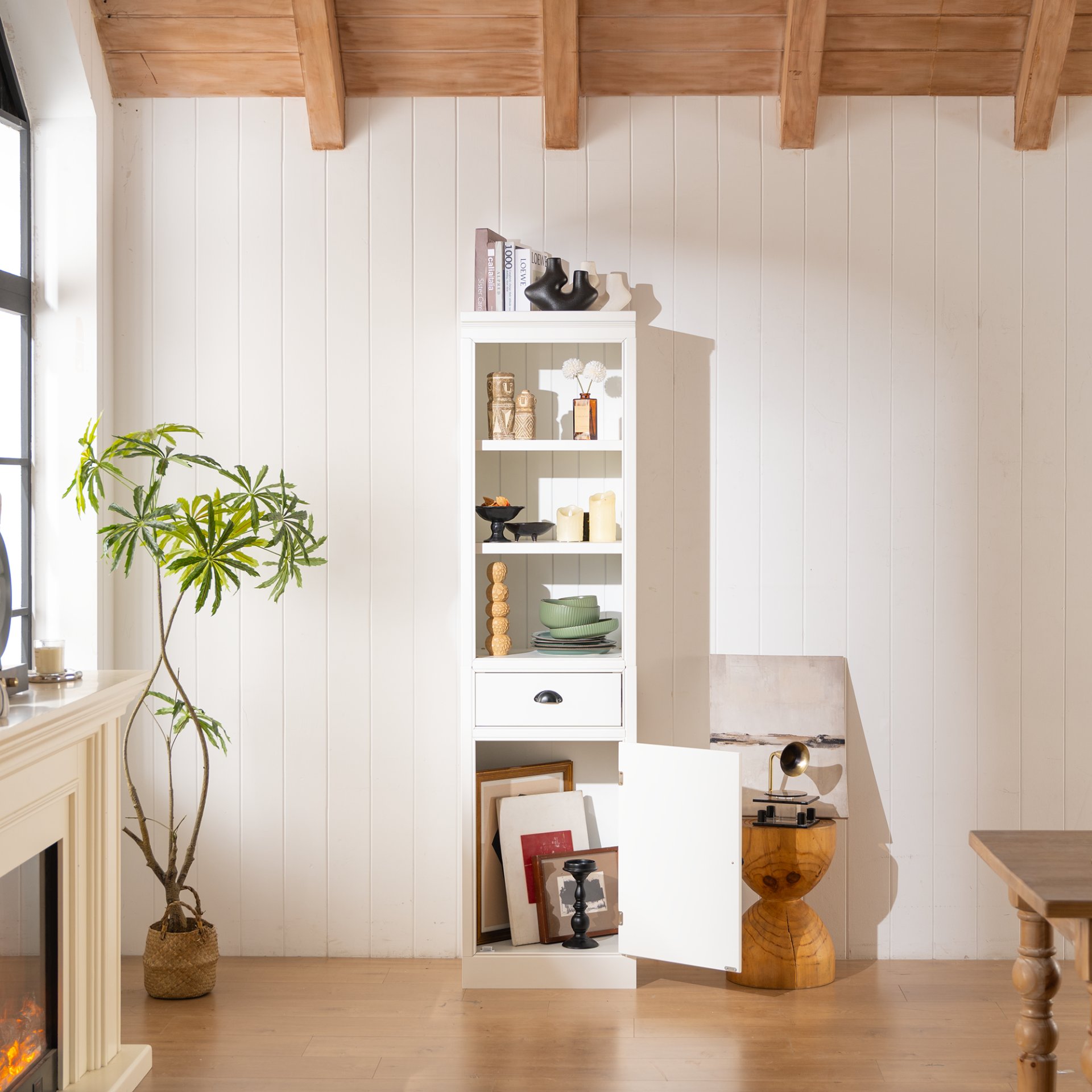 Retro Style 75'' Tall Display Shelf With Cabinet For Hallways Living Room Kitchen - White - Image 2