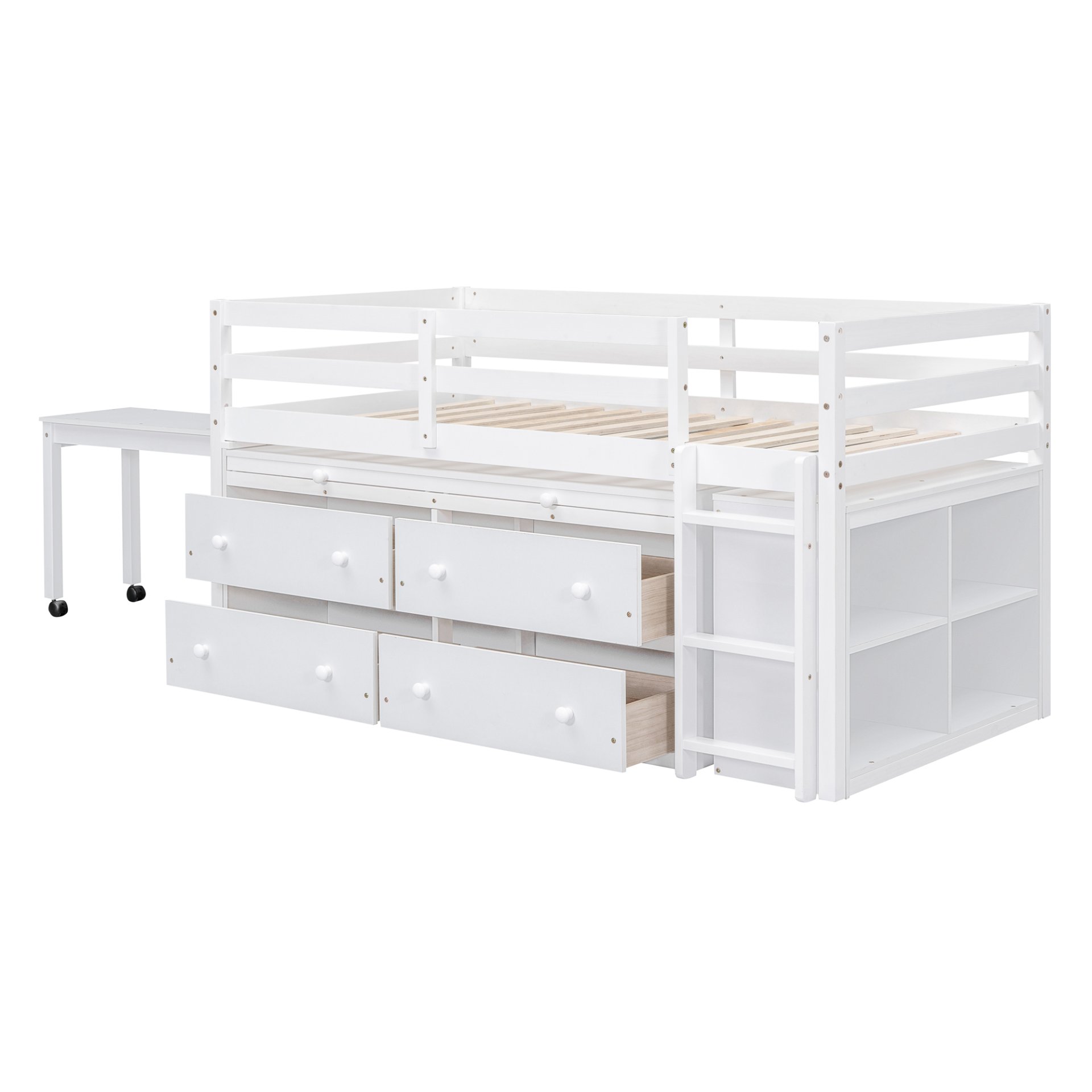 Twin Size Loft Bed With Retractable Writing Desk And 4 Drawers, With Lateral Portable Desk And Shelves - White - Image 7