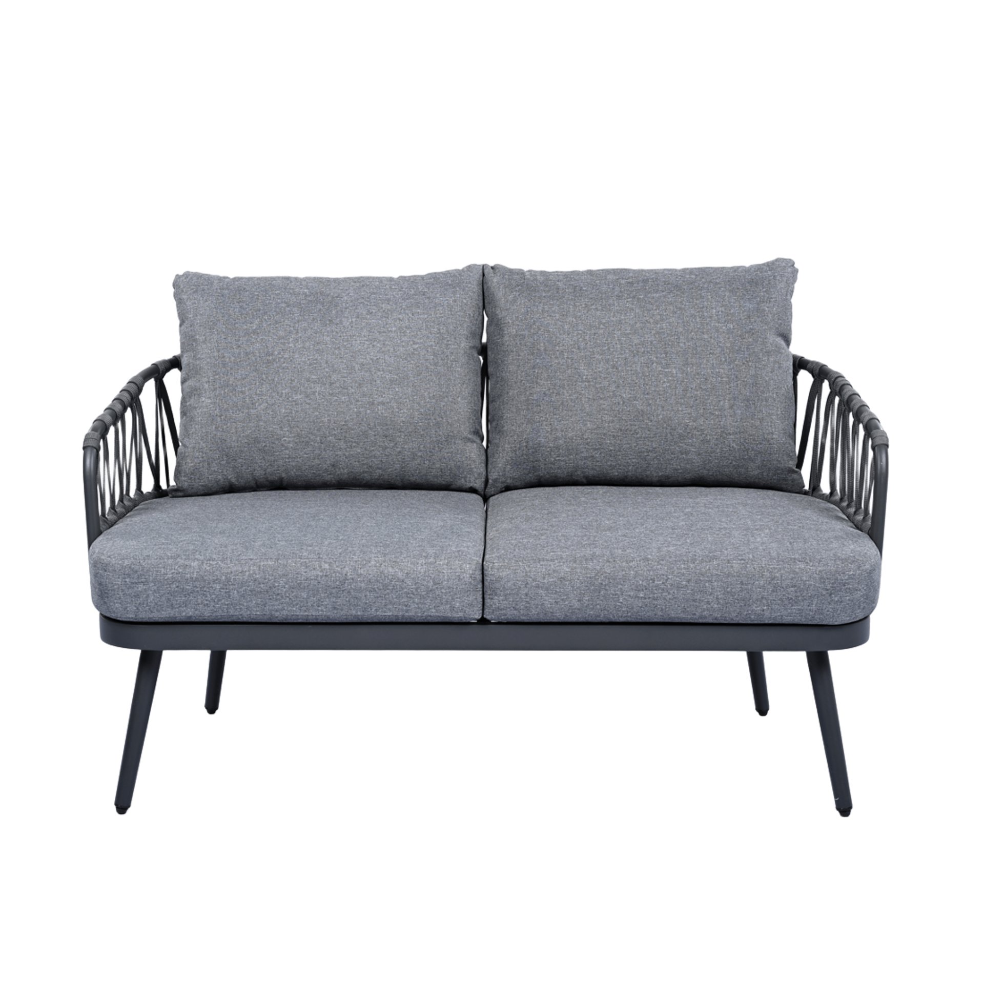 4 Piece Outdoor Patio Furniture Set, Metal Chairs With Woven Rope U Shaped Backrest, Outdoor Conversation Set With Thick Cushions And Coffee Table For Garden, Poolside, Balcony - Black / Gray - Image 11