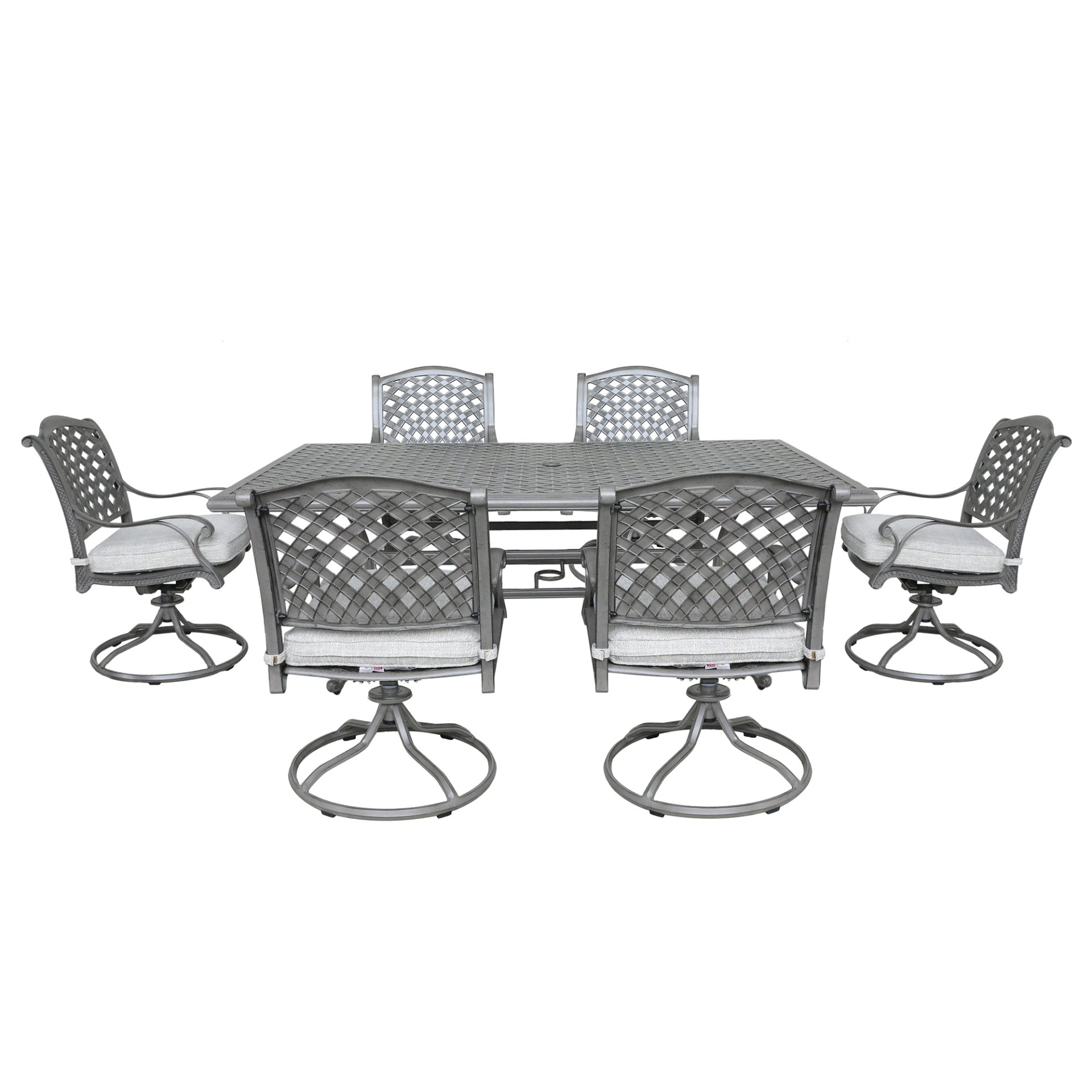 Outdoor 7 Piece Aluminum Dining Set With Cushion With Swivel And Rocking Chairs - Golden Gauze - Image 3