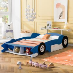 Full Size Race Car Shaped Platform Bed With Wheels - Blue