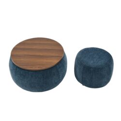 Round Storage Ottoman With 2 In 1 Function As End Table And Ottoman, Eucalyptus Wood And Foam - Dark Blue