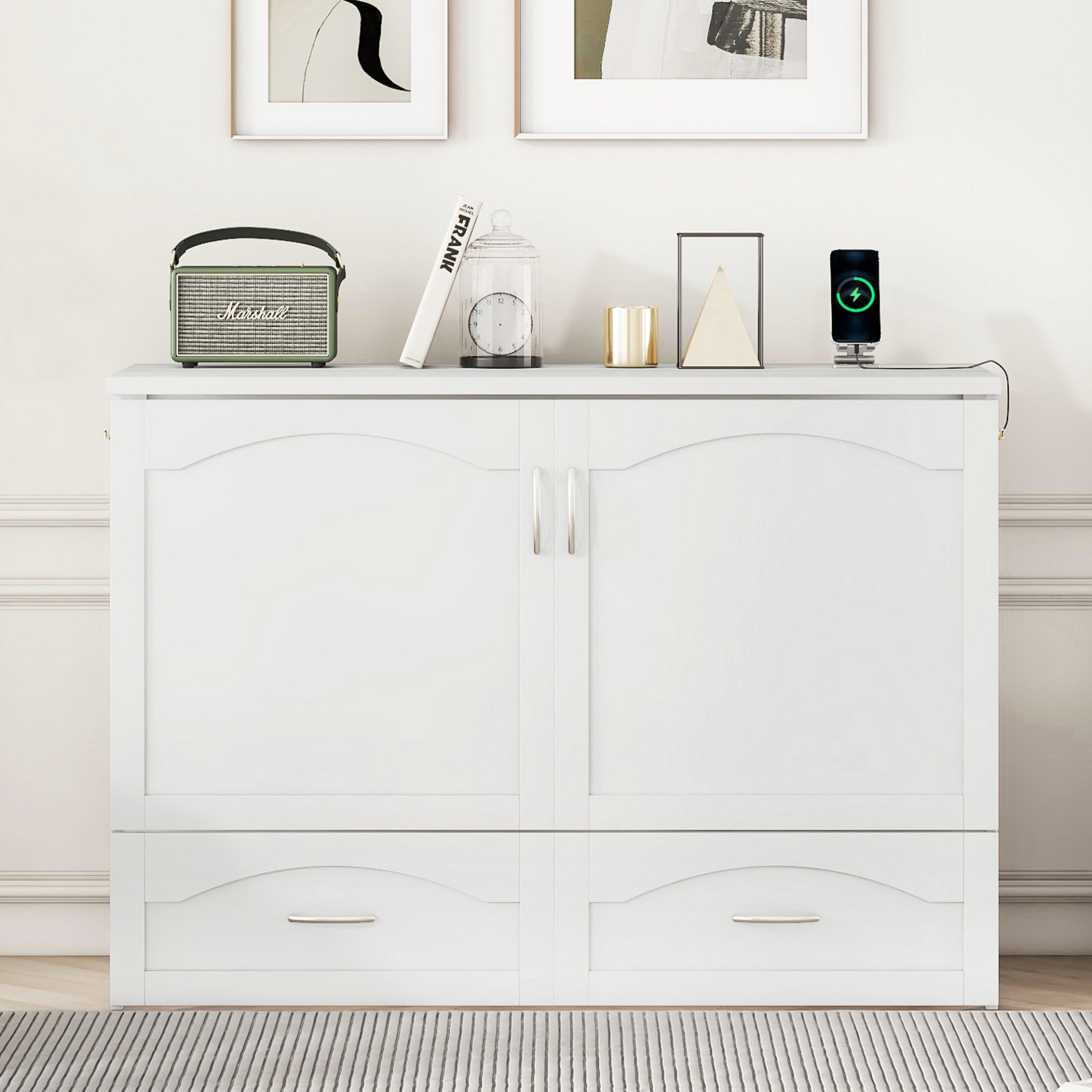 Full Size Murphy Wall Bed With Drawer And A Set Of Sockets & USB Ports, Pulley Structure Design - White - Image 3