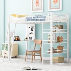 Twin Size Loft Bed With 3 Layers Of Shelves And Desk, Stylish Frame Bed - White