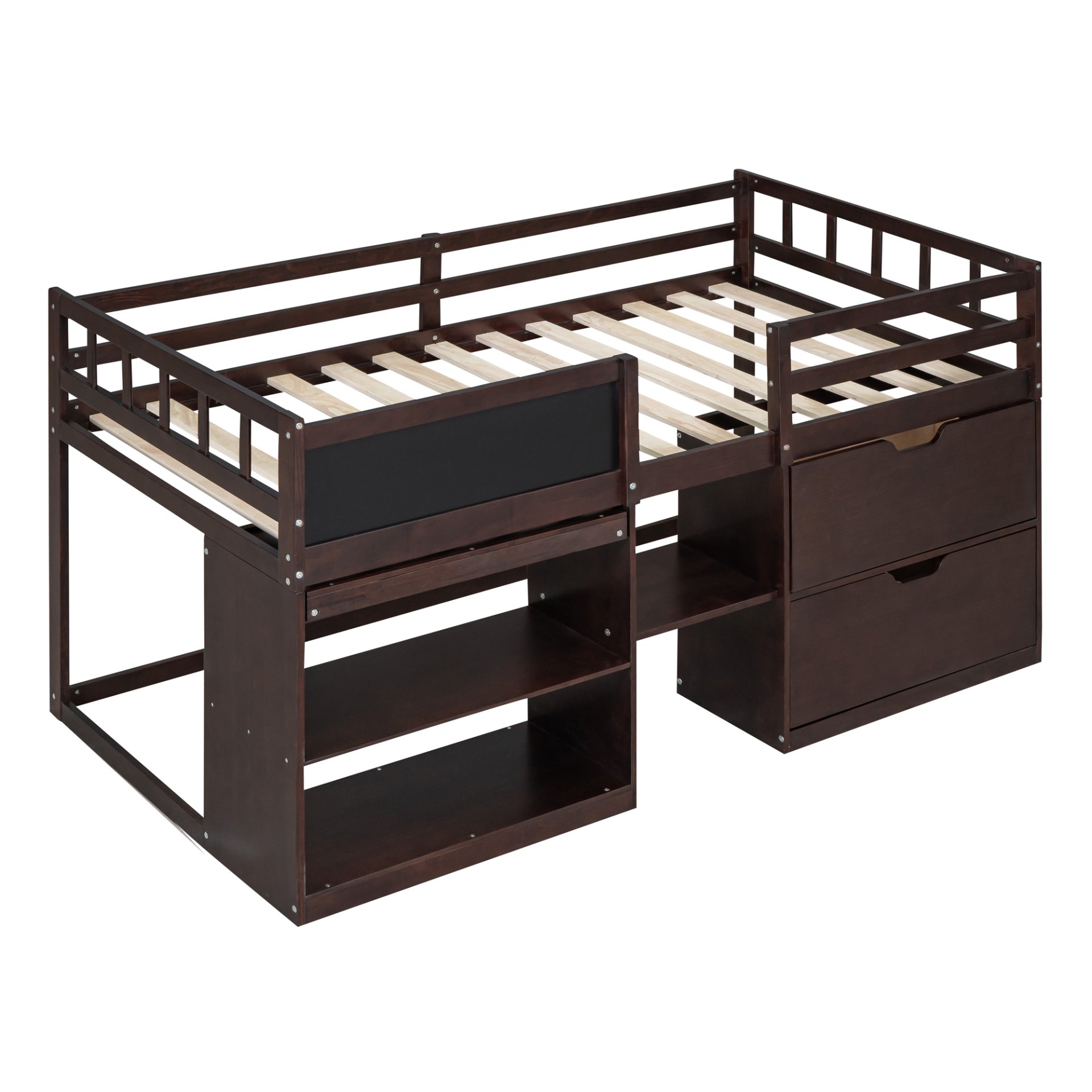 Twin Size Low Loft Bed With Rolling Desk, Shelf And Drawers - Espresso - Image 3