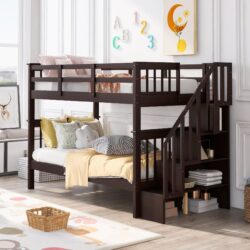 Twin Over Twin Stairway Bunk Bed With Storage And Guard Rail For Bedroom - Espresso