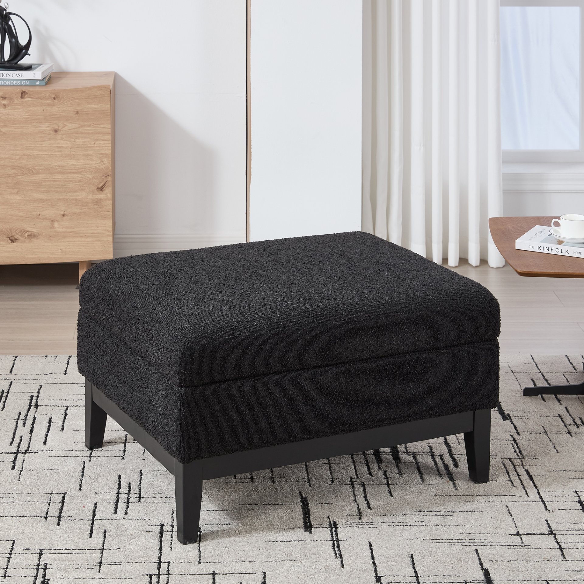 Upholstered Wood Base Storage Ottoman With Reversible Lid Coffee Table, Foot Stool Square Footrest With Rubberwood Legs For Living Room Bedroom Entryway And Office - Black - Image 3