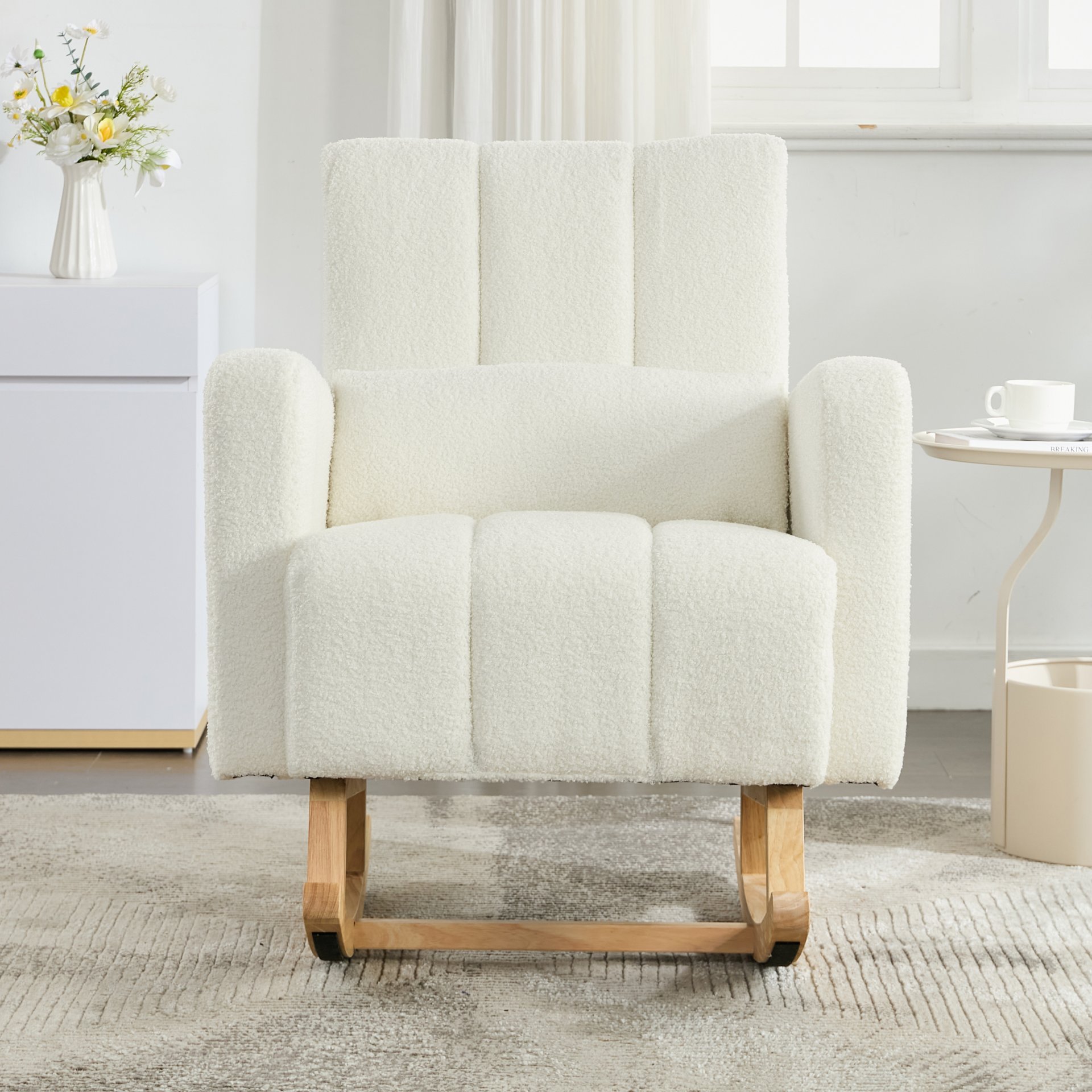 Accent Rocking Chair With Pillow, Spacious & Comfortable Seating For Living Room Or Bedroom - Cream White - Image 5