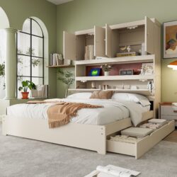 Full Size Platform Bed With USB, Storage Headboard & Drawers - White