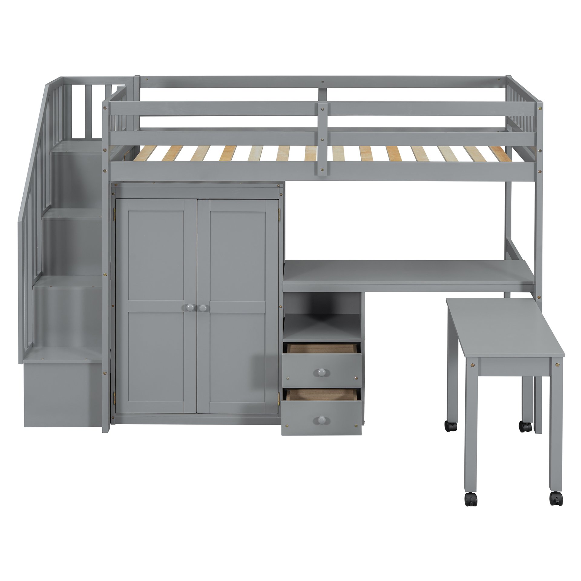 Twin Size Loft Bed With Stairs, Bookshelf, Drawers, Desk & Wardrobe, Space Saving Multifunctional Furniture - Gray - Image 14