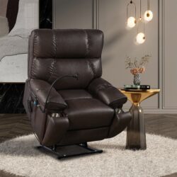 Recliner Chair With Phone Holder, Electric Power Lift Recliner Chair With 2 Motors Massage And Heat, 3 Positions, 2 Side Pockets, Cup Holders - Brown