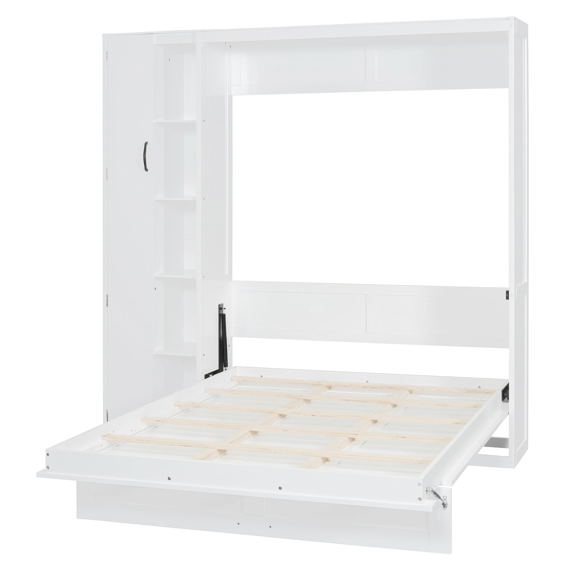 Full Size Murphy Wall Bed With Shelves, Wardrobe And LED Lights - White - Image 13