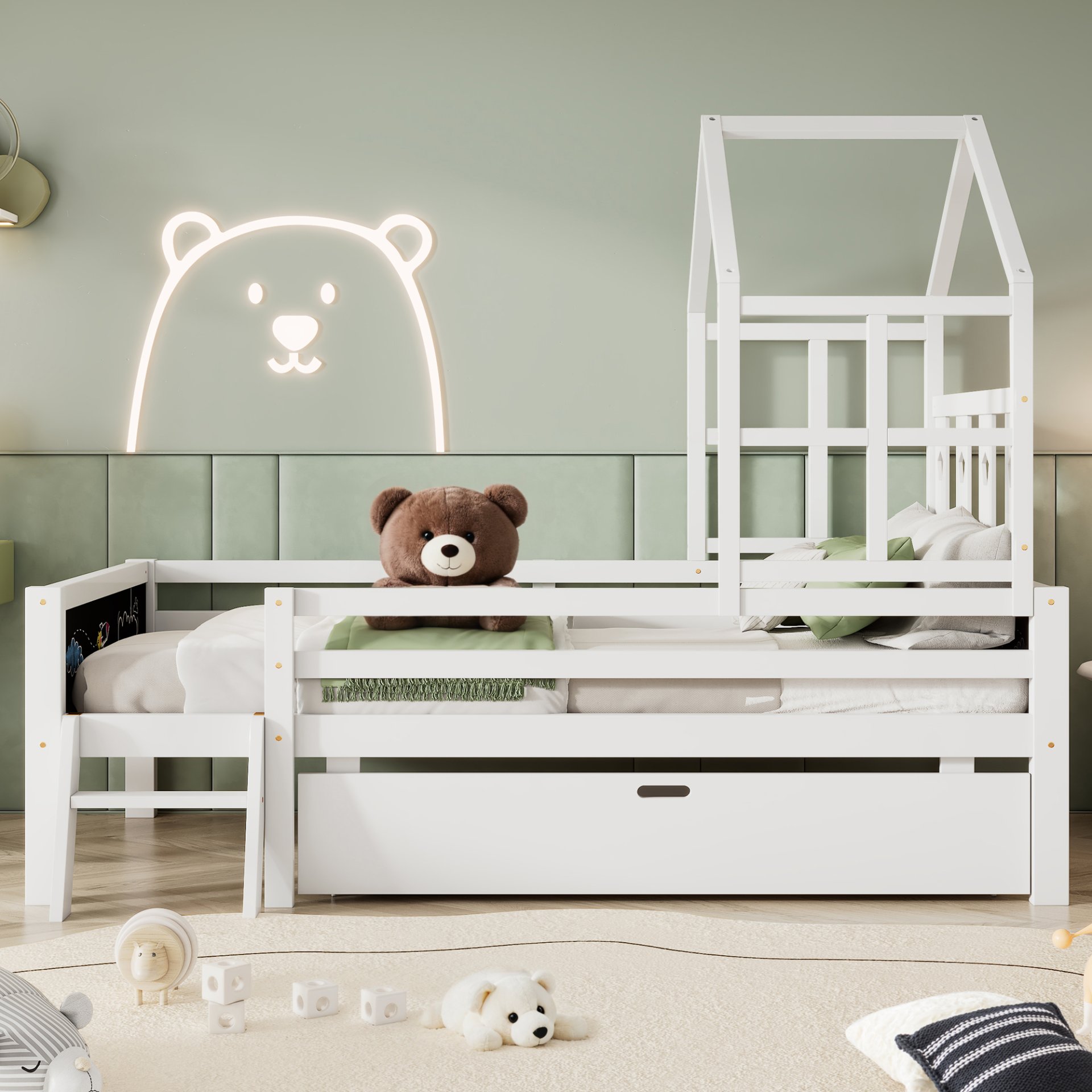 Twin Size House Bed With Ladder, Storage Drawers, And Blackboard Design - White - Image 9