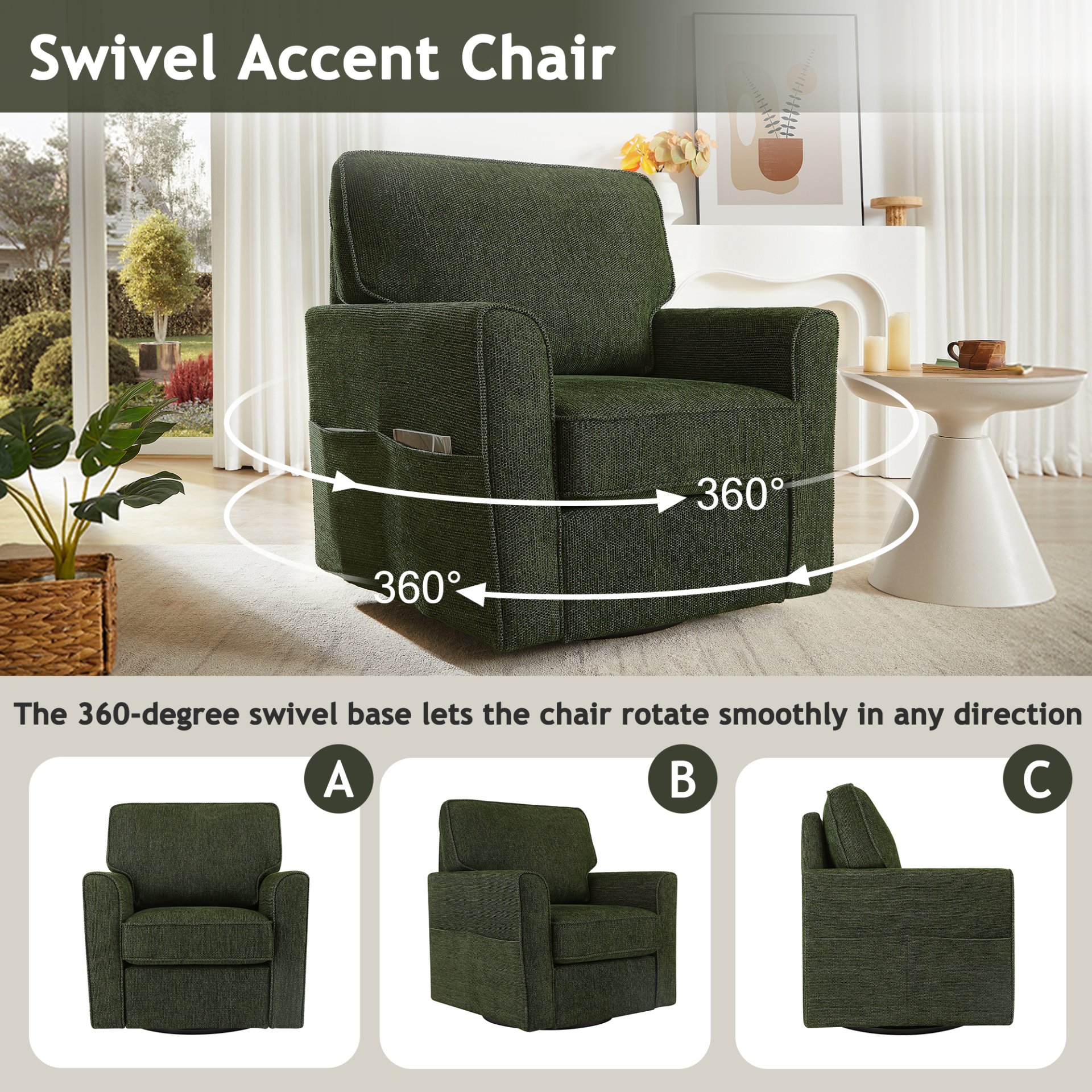 360° Swivel Chair Accent Barrel Armchair With Side Pockets, Chenille Upholstery, Compact Size - Green - Image 5