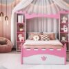 Castle Shaped Bed With Storage Shelf, Dreamy Twin Size Platform Bed For Kids Bedroom - White / Pink - Image 11