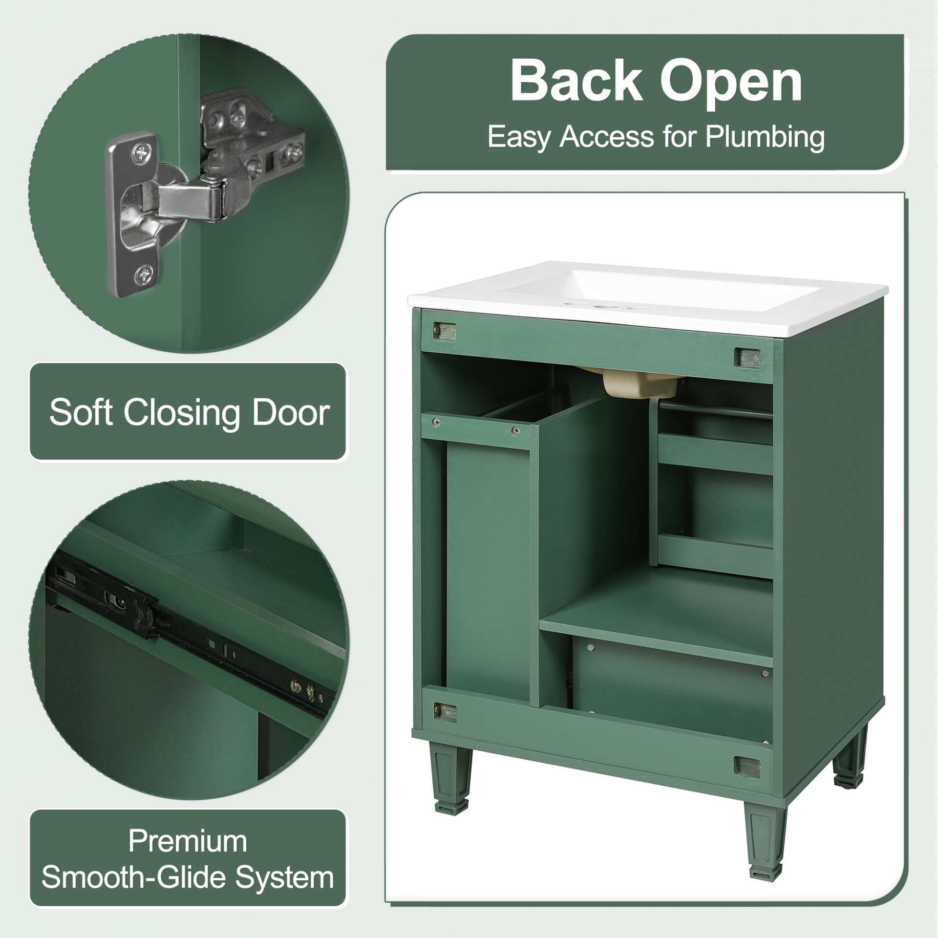 Solid Wood And 24" Bathroom Vanity With Sink, Deep Drawer, Door Shelf, 2 Tier Basket - Green - Image 9