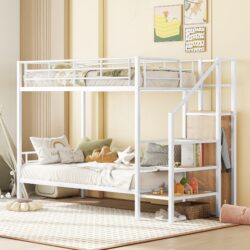 Twin Over Twin Bunk Bed With Lateral Storage Ladder And Wardrobe - White