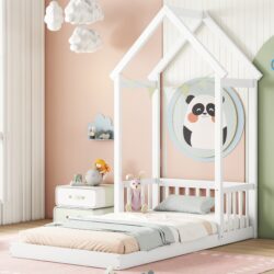 Twin House-Shaped Roof Headboard Floor Bed, (Without Slats) - White