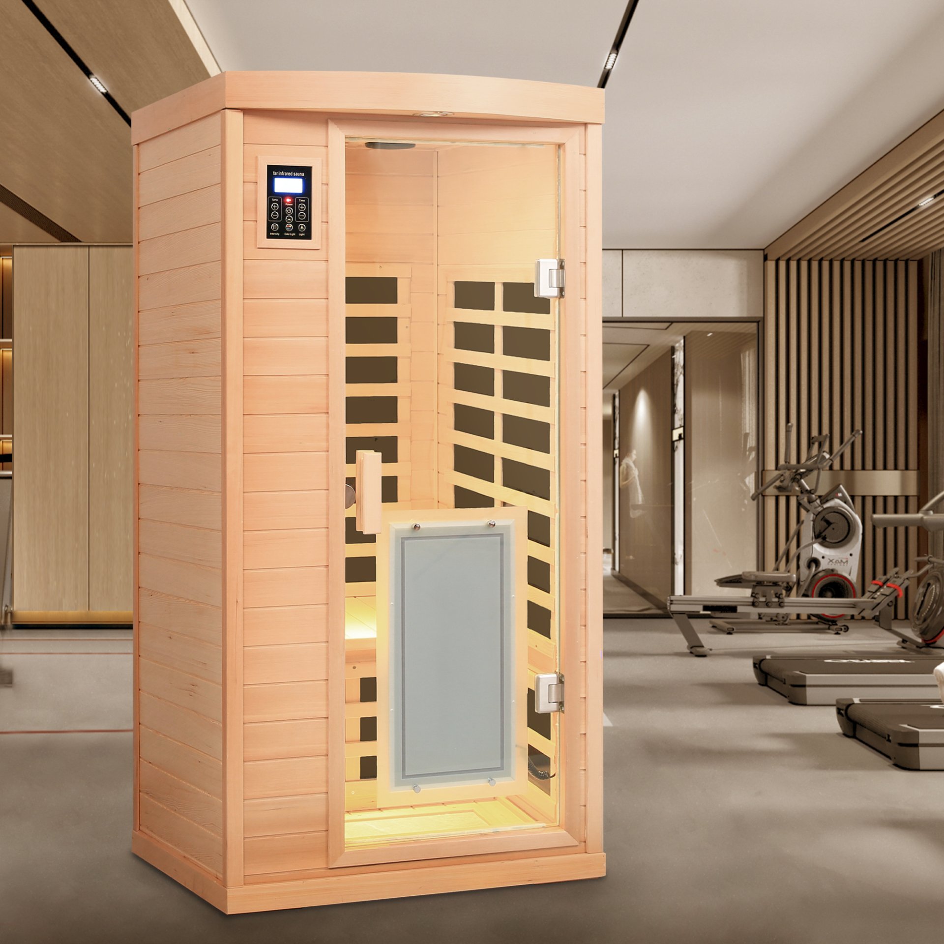 Low Emf Front Door With Heating Panel 1 People Hemlock Far Infrared Indoor Sauna Room - Natural - Image 5