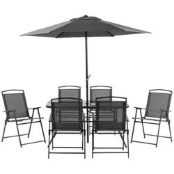 Outsunny - 8 Piece Patio Dining Set With Table Umbrella, 6 Folding Chairs And Rectangle Dining Table, Outdoor Patio Furniture Set - Black