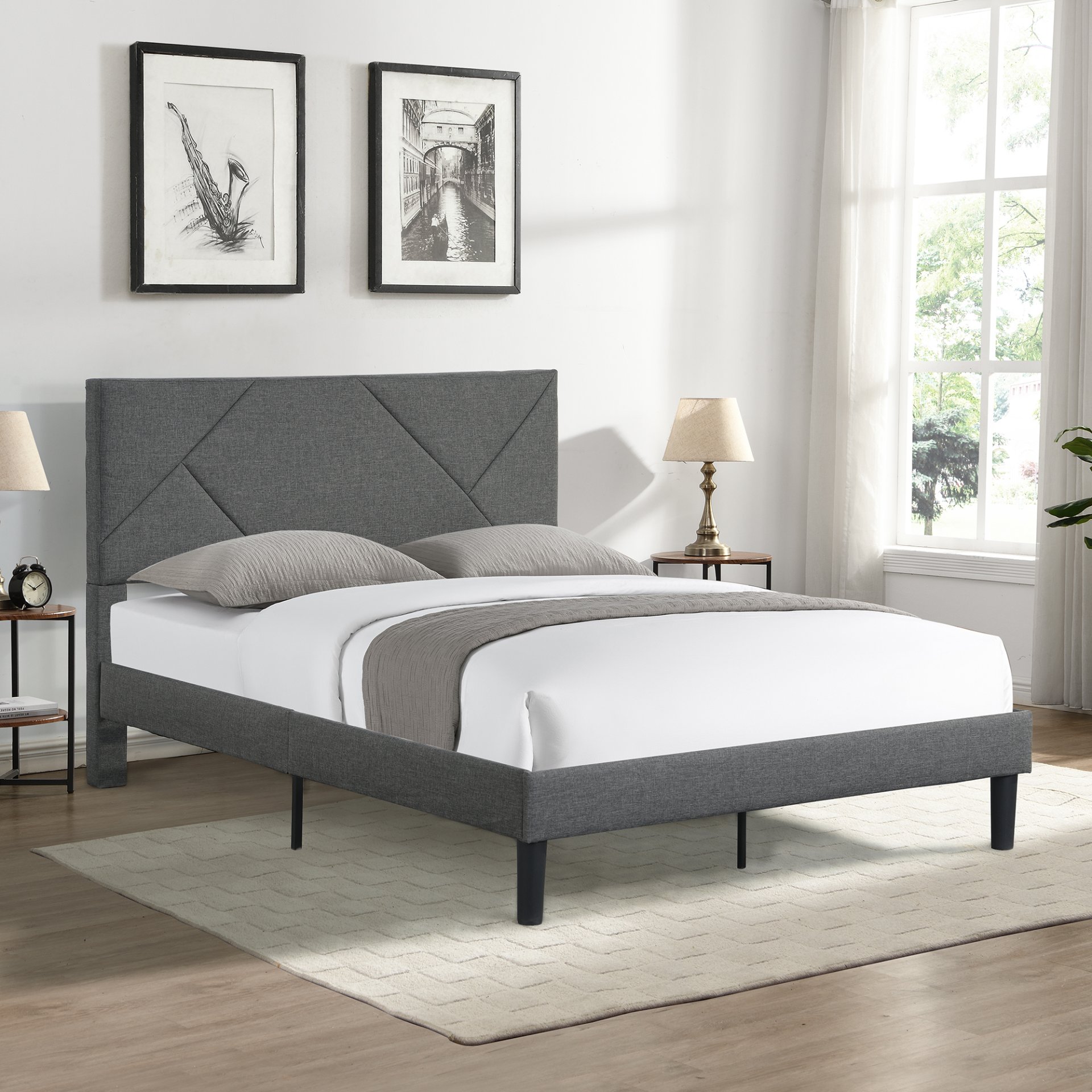 Full Size Upholstered Platform Bed Frame With Headboard, Strong Wood Slat Support, Mattress Foundation, No Box Spring Needed - Gray - Image 2