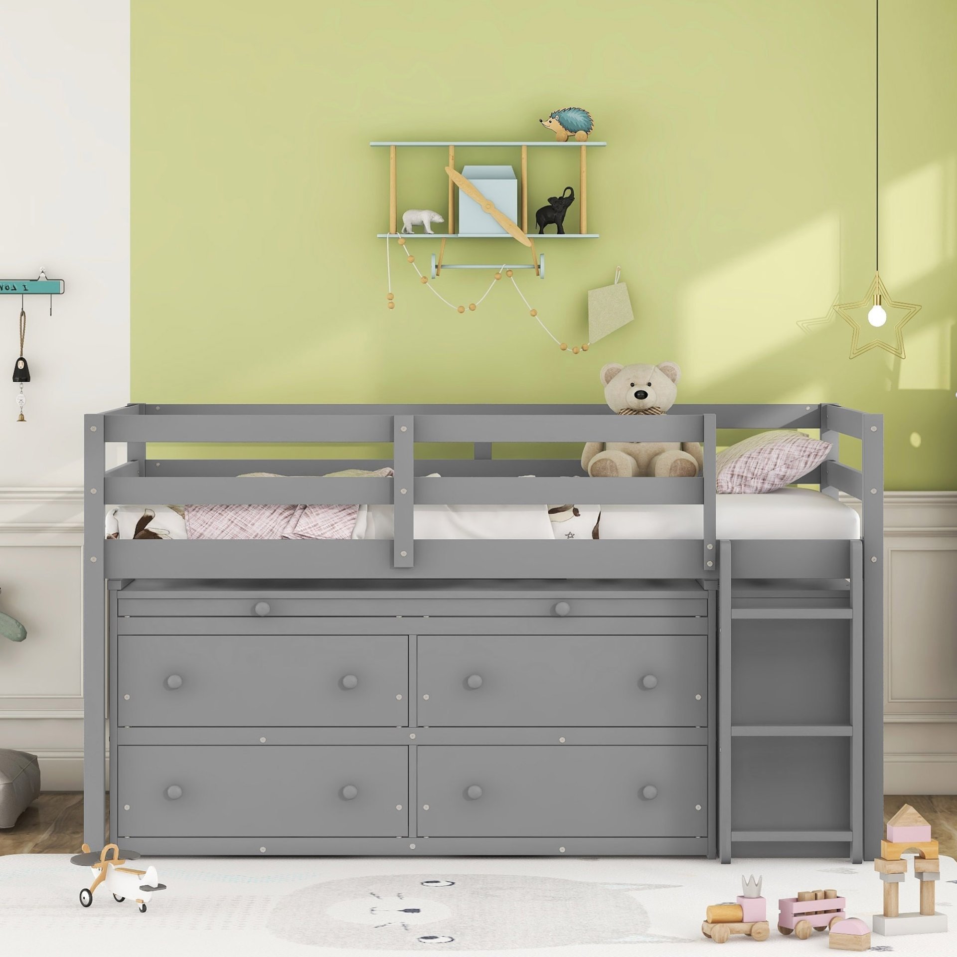 Twin Size Loft Bed With Retractable Writing Desk And 4 Drawers, With Lateral Portable Desk And Shelves - Gray - Image 2