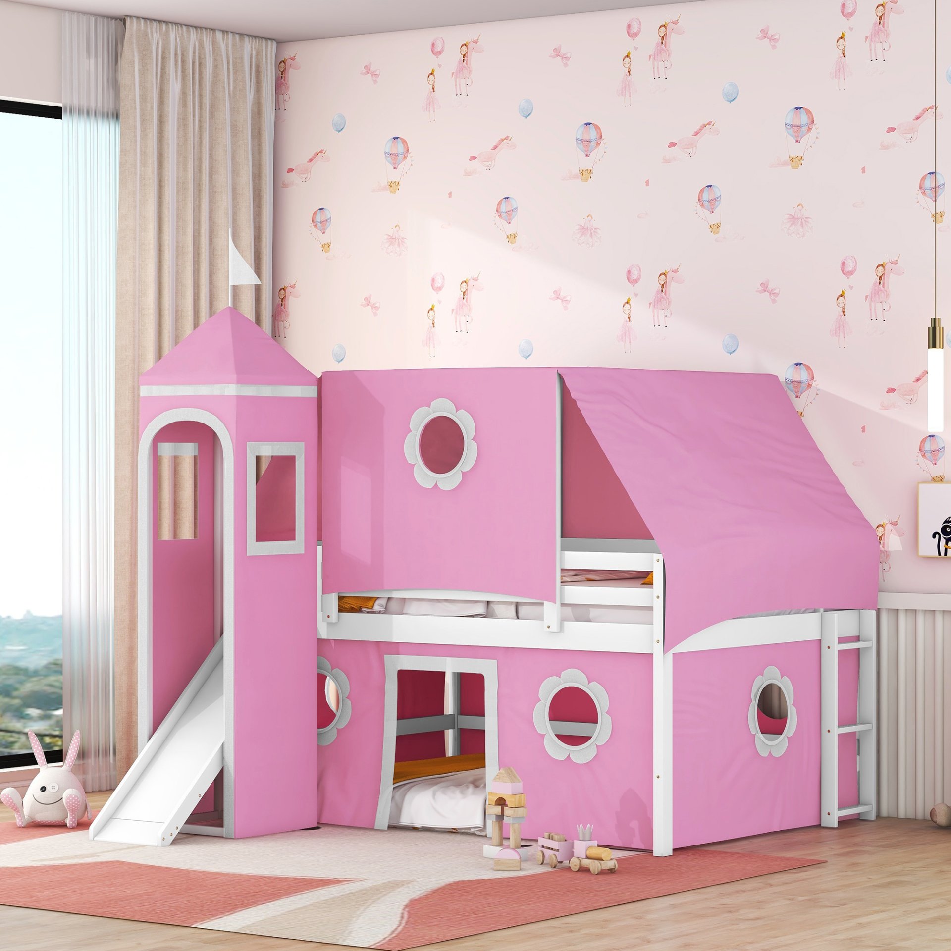 Full Size Loft Bed With Slide And Tent Tower Space Saving Fun Design For Kids - Pink - Image 2