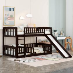 Twin Over Twin Low Bunk Bed With Slide, Fence And Ladder - Espresso