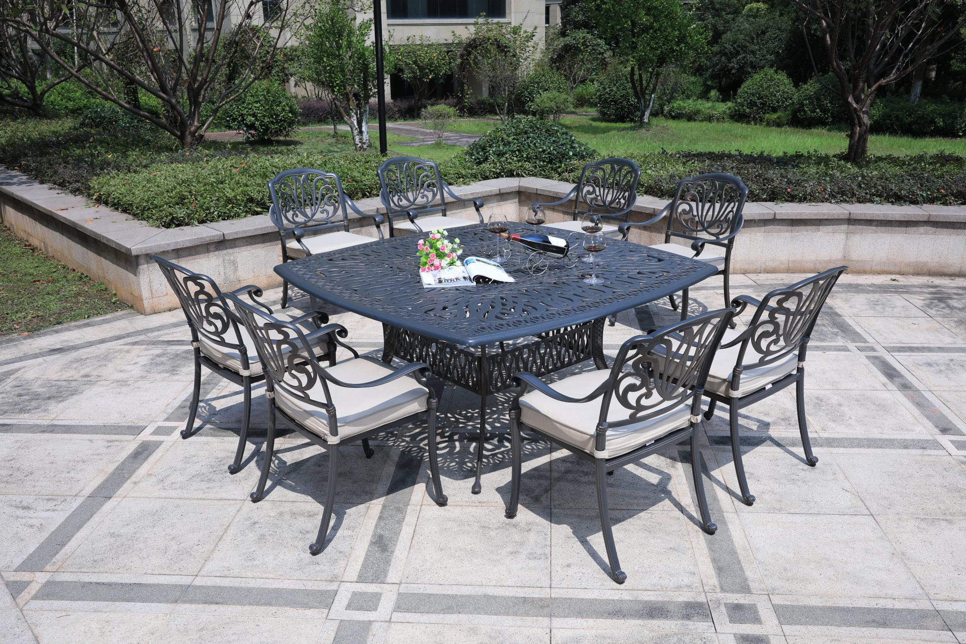 Square 8 Person 64" Long Aluminum Dining Set With Sunbrella Cushions - Gray / Ivory - Image 2