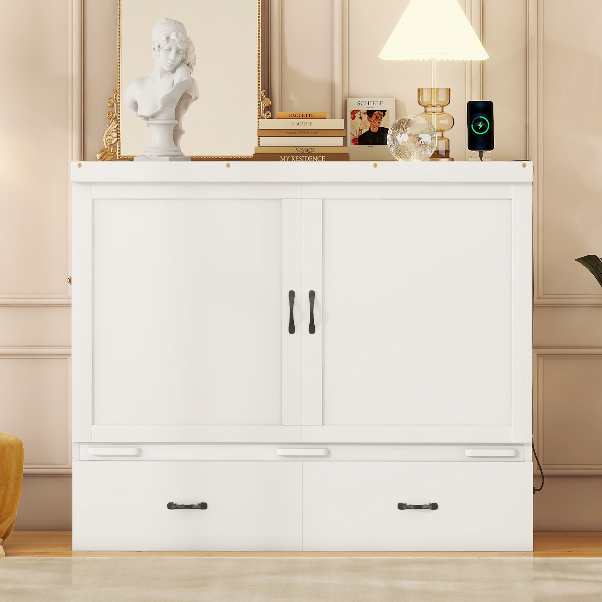 Full Size Murphy Bed With USB Port And A Large Drawer - White - Image 3