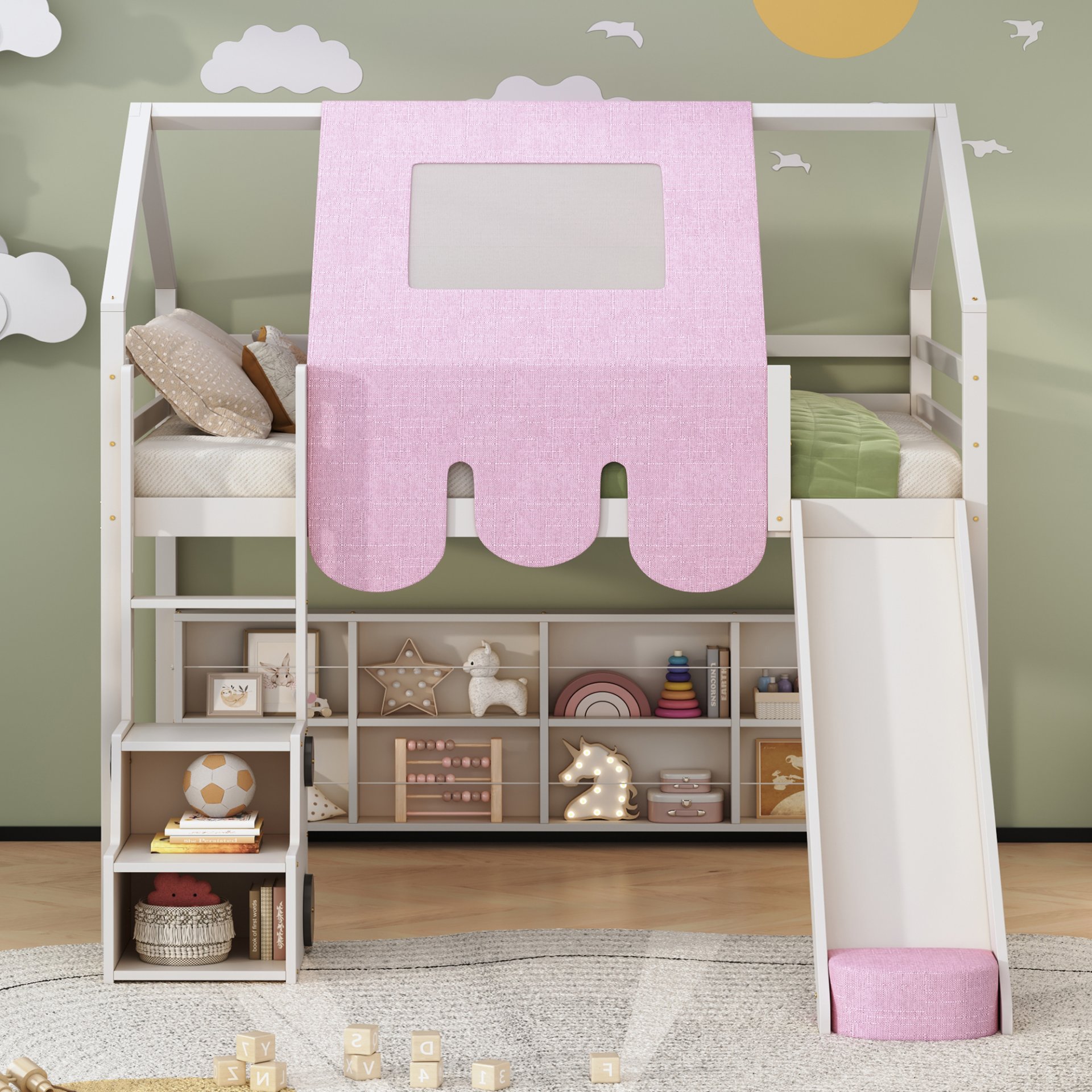 Full Size Loft Bed With House Shaped Frame And Tent - White / Pink - Image 4
