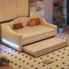 Full Long Size Daybed With LED Belt And Trundle - Beige - Image 2